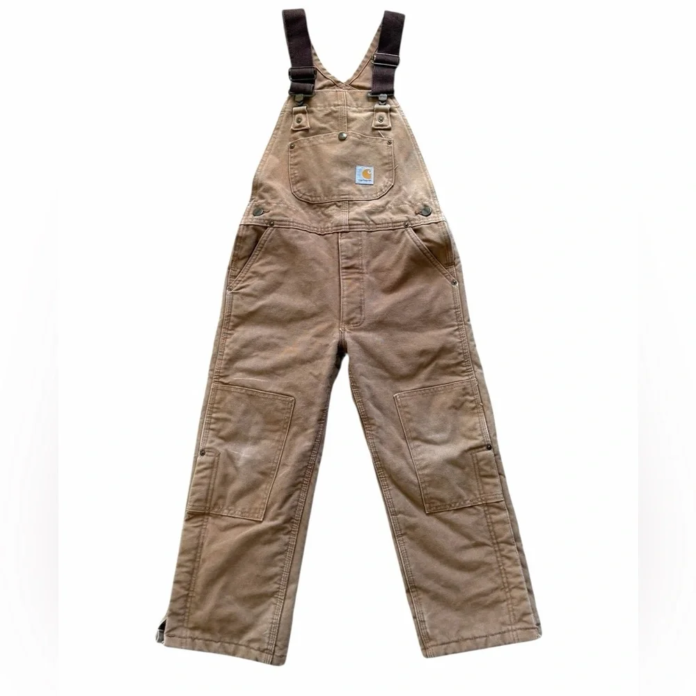 Carhartt Duck Bib Overalls Boys Medium/8 Brown Quilted Lining Workwear Outdoor